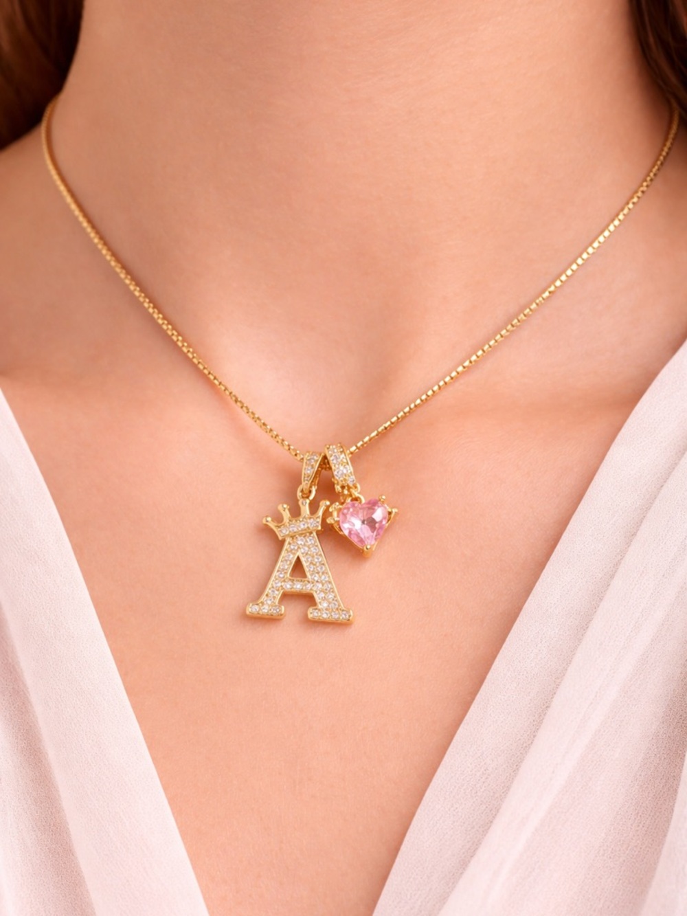 Gold Initial A Necklace with Pink Crystal Charm - Women Jewelry